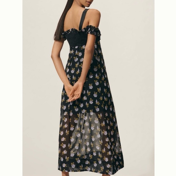 🟠NWT MAEVE by ANTHROPOLOGIE Square-Neck Sheer Floral Midi Dress Black Floral MED - Picture 5 of 9